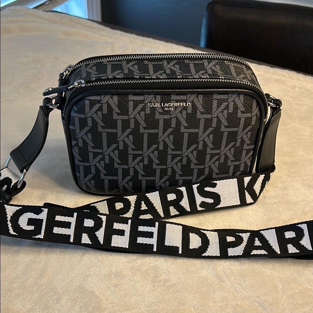 Karl Lagerfeld Black and Gray Monogram Belt Bag